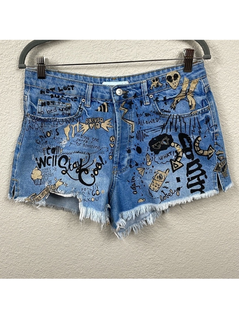 Zara Blue Denim Graffiti Jean Shorts with Black & Gold Accents - Picture 2 of 9